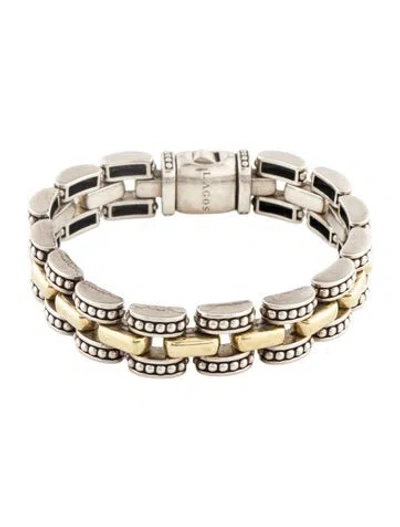 Pre-owned Lagos Two-tone High Bar Caviar Link Bracelet, 6.5" In Multi
