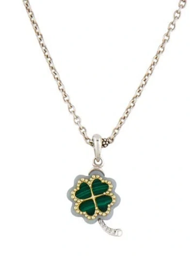 Pre-owned Lagos Two-tone Malachite, Chalcedony & Diamond Clover Pendant Necklace, 18" In Multi