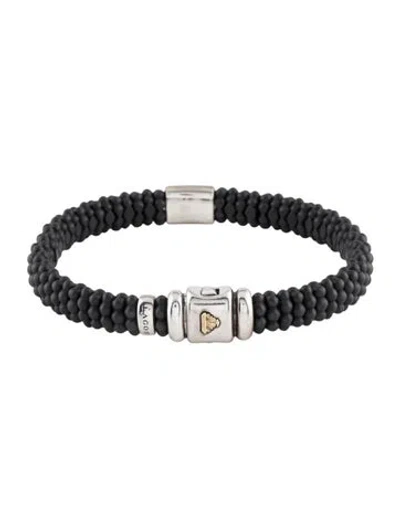 Pre-owned Lagos Two-tone Matte Black Ceramic Beaded Bracelet, 7.75" In Multicolor