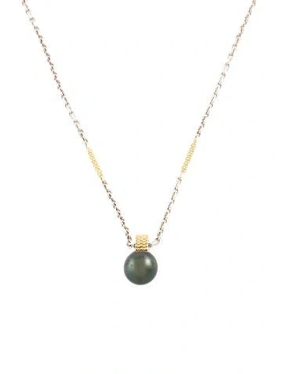 Pre-owned Lagos Two-tone Tahitian Black Pearl Pendant Necklace, 18" In Multicolor