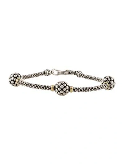 Pre-owned Lagos Two-tone Three Station Caviar Beaded Bracelet, 7.5" In Multi