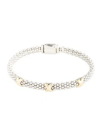 Pre-owned Lagos Two-tone Three Station 'x' Caviar Bracelet, 6.75" In Multi