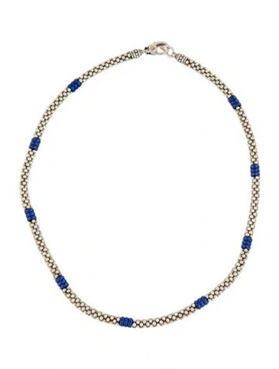 Pre-owned Lagos Ultramarine Ceramic Three Bead Caviar Station Necklace, 16" In Blue