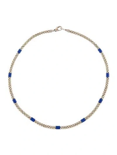 Pre-owned Lagos Ultramarine Ceramic Three Bead Caviar Station Necklace, 18" In Multicolor