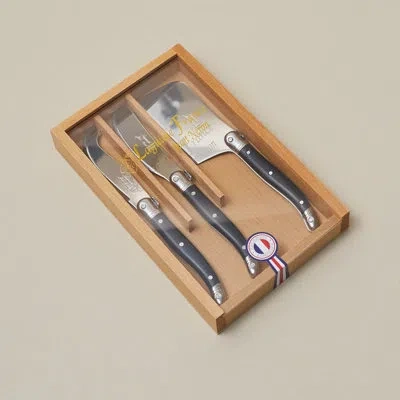Laguiole 3 Piece Mini Cheese Utensil Set, Black In Wood Box With Acrylic Lid In Brown
