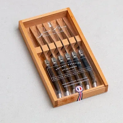 Laguiole 6 Piece Steak Knife Set, Black Marble In Wood Box With Acrylic Lid In Brown