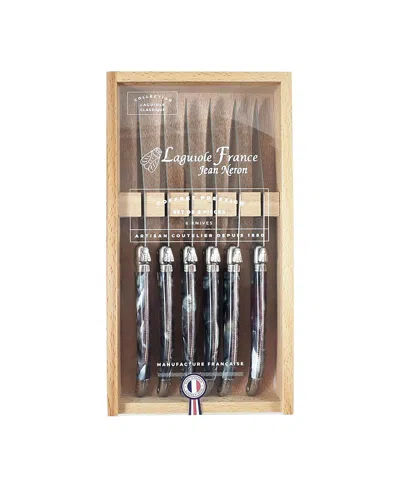 Laguiole Platine Marble In Wood Box With Acrylic Lid, 6 Piece Steak Knife Set In Gray