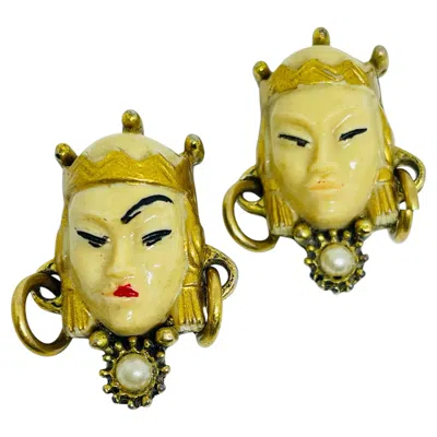 Pre-owned Laguna Selro Vintage Gold Tone Faux Pearl Asian Princess 2 Small Designer Brooches In Multiple