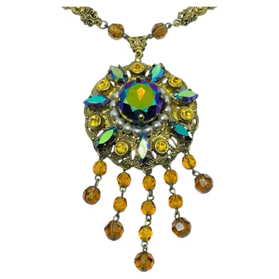 Pre-owned Laguna Western Germany Gold Tone Aurora Rhinestones Crystal Beads Pearls Chain Necklace In Multiple