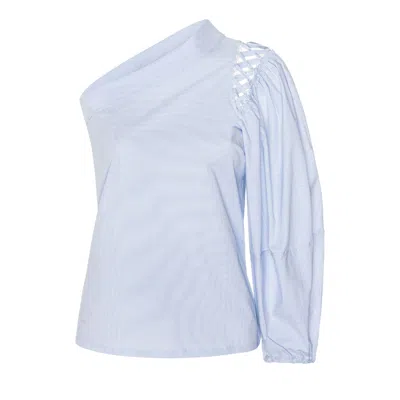 Lahive Women's Blue / White Savanah One Shoulder Statement Sleeve Top