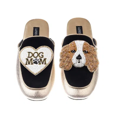 Laines London Black / Gold Classic Mules With Lady The Cavalier & Dog Mum / Mom Brooches - Black & Gold In Black/gold