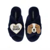 Laines London Blue Classic Laines Slippers With Lady The King Charles & Dog Mum / Mom Brooches - Navy In Blue