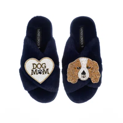 Laines London Blue Classic Laines Slippers With Lady The King Charles & Dog Mum / Mom Brooches - Navy