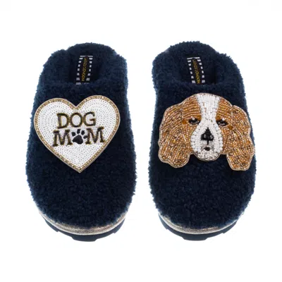 Laines London Blue Teddy Closed Toe Slippers With Lady The Cavalier & Dog Mum / Mom Brooches - Navy