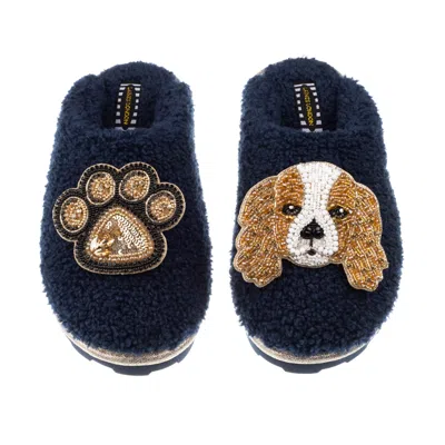 Laines London Blue Teddy Towelling Closed Toe Slippers With Lady Spaniel & Paw Brooches - Navy