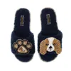 Laines London Blue Teddy Towelling Slipper Sliders With Lady Spaniel & Paw Brooches - Navy In Blue