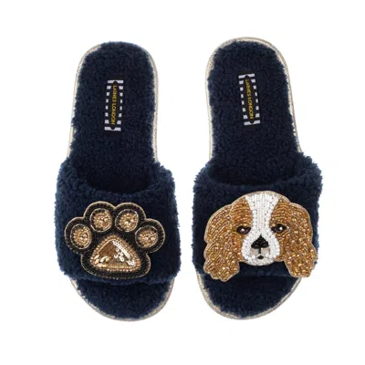 Laines London Blue Teddy Towelling Slipper Sliders With Lady Spaniel & Paw Brooches - Navy