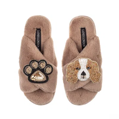 Laines London Brown Classic Laines Slippers With Lady The King Charles & Paw Brooches - Toffee