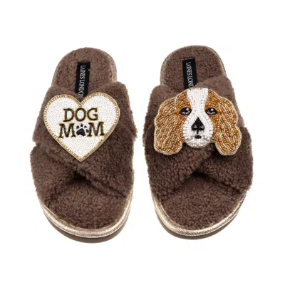 Laines London Brown / Neutrals Laines Neutral Boucle Slippers With Lady The King Charles & Dog Mum/mom Brooches - 