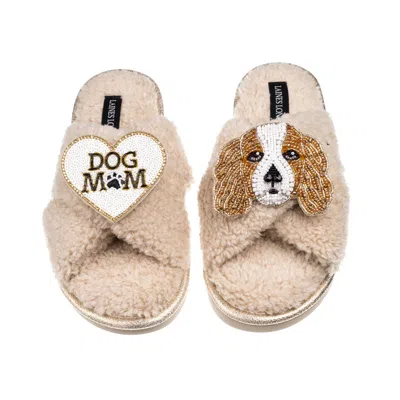 Laines London Brown / Neutrals Laines Neutral Boucle Slippers With Lady The King Charles & Dog Mum/mom Brooches - 