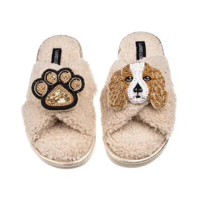 Laines London Brown / Neutrals Laines Neutral Boucle Slippers With Lady The King Charles & Paw Brooches - Oatmeal