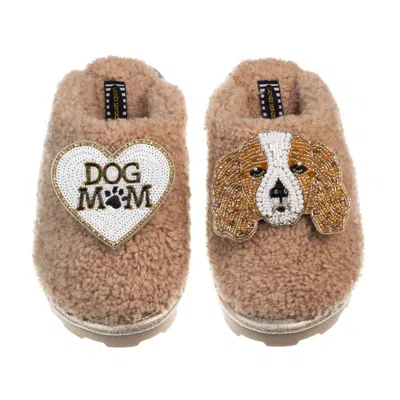 Laines London Brown Teddy Closed Toe Slippers With Lady The Cavalier & Dog Mum / Mom Brooches - Toffee