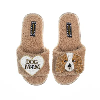 Laines London Brown Teddy Toweling Slippers With Lady The King Charles & Dog Mum /mom Brooches - Toffee