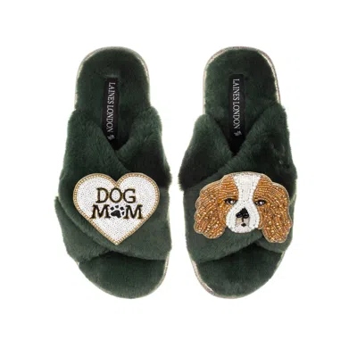 Laines London Classic Laines Slippers With Lady The King Charles & Dog Mum / Mom Brooches - Limited Edition Green