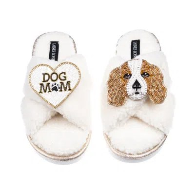 Laines London Neutrals / White Laines Neutral Boucle Slippers With Lady The King Charles & Dog Mum/mom Brooches - 