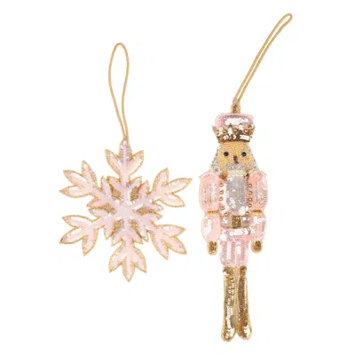 Laines London Pink / Gold / Silver Extra Large Christmas Pink Nutcracker & Snowflake Decorations
