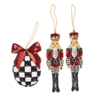Laines London Red / Black / White Set Of 3 Extra Large Christmas Red Nutcracker & Bow Bauble Decoration In Multi