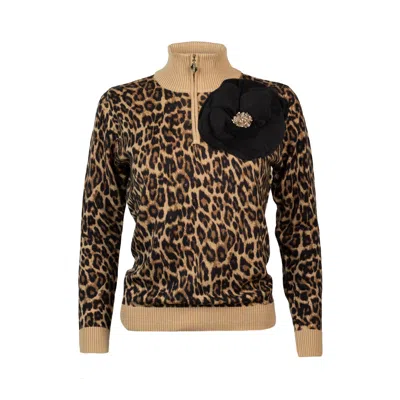 Laines London Women's Black / Brown / Gold Laines Couture Leopard Print Quarter Zip Jumper With Embellished Black In Black/brown/gold