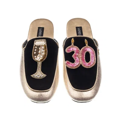 Laines London Women's Black / Gold Classic Mules With 30th Birthday & Glass Of Champagne Brooches - Black & Gold In Black/gold