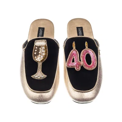 Laines London Women's Black / Gold Classic Mules With 40th Birthday & Glass Of Champagne Brooches - Black & Gold In Black/gold