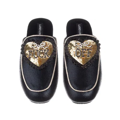 Laines London Women's Black / Gold Classic Mules With Black & Gold Fuck Off Hearts Brooches - Black & Gold