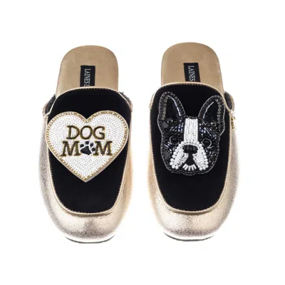 Laines London Women's Gold / Black Classic Mules With Buddy The Boston Terrier & Dog Mum / Mom Brooches - Black & In Black/gold