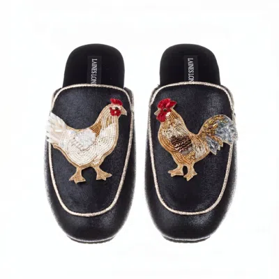 Laines London Women's Black / Gold Classic Mules With Chicken & Rooster Brooches - Black & Gold