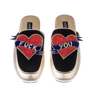 Laines London Women's Black / Gold Classic Mules With Fuck You Brooches - Black & Gold In Black/gold