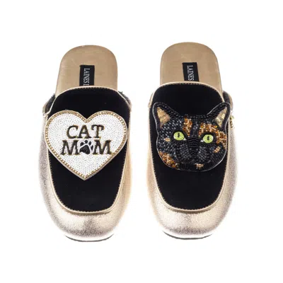 Laines London Women's Gold / Black Classic Mules With Misty The Tortoise Shell Cat & Cat Mum / Mom Brooches - Blac In Black/gold