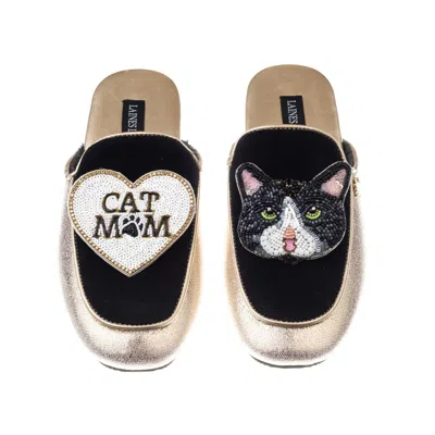 Laines London Women's Gold / Black Classic Mules With Oreo The Black & White Cat & Cat Mum / Mom Brooches - Black In Black/gold
