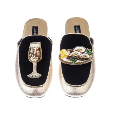 Laines London Women's Black / Gold Classic Mules With Oysters & Glass Of Fizz Brooches - Black & Gold In Black/gold
