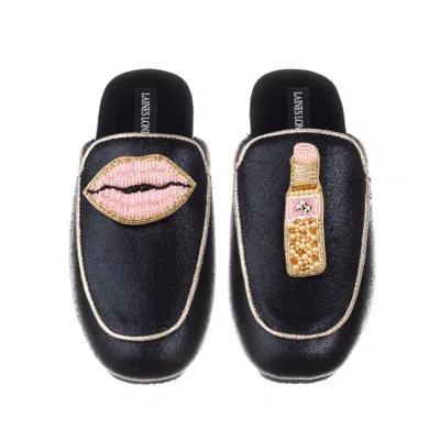 Laines London Women's Black / Gold Classic Mules With Pearl Pink Lips & Lipstick Brooch - Black & Gold