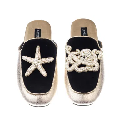 Laines London Women's Black / Gold Classic Mules With Pearl Starfish & Octopus Brooches - Black & Gold In Black/gold