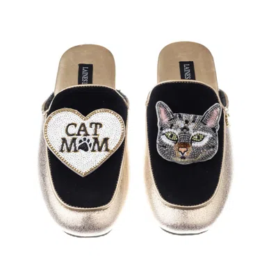 Laines London Women's Gold / Black Classic Mules With Pebbles The Grey Cat & Cat Mum / Mom Brooches - Black & Gold In Black/gold