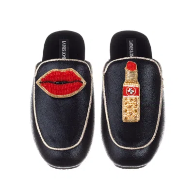 Laines London Women's Black / Gold Classic Mules With Red Lipstick & Lips Brooch - Black & Gold