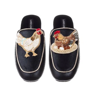 Laines London Women's Black / Gold Classic Mules With Rooster & Hen Brooches - Black & Gold