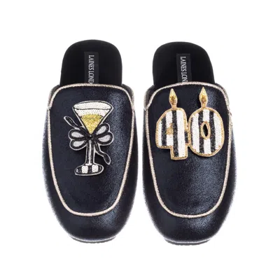 Laines London Women's Black / Gold Classic Mules With Stripe 40th Birthday & Champagne Brooches - Black & Gold In Blue