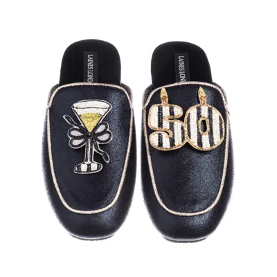 Laines London Women's Black / Gold Classic Mules With Stripe 50th Birthday & Champagne Brooches - Black & Gold In Blue