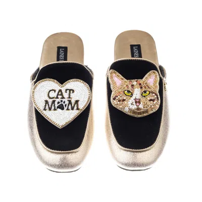 Laines London Women's Gold / Black Classic Mules With Tabby The Ginger Cat & Cat Mum / Mom Brooches - Black & Gold In Black/gold