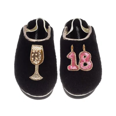 Laines London Women's Black / Gold Flatform Cloud Slippers With 18th Birthday & Champagne Glass Brooches - Black In Multi